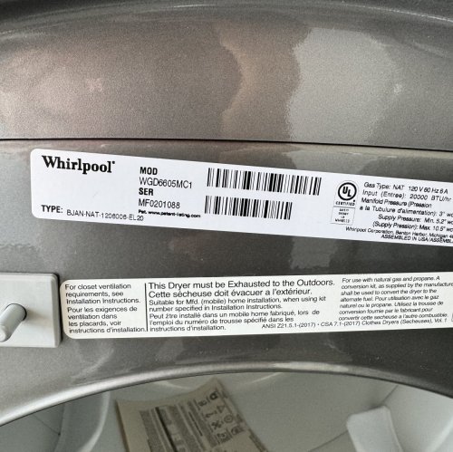 WHIRLPOOL Secadora a gas de 7.4 pies cúbicos, con ciclo de vapor y ventilación